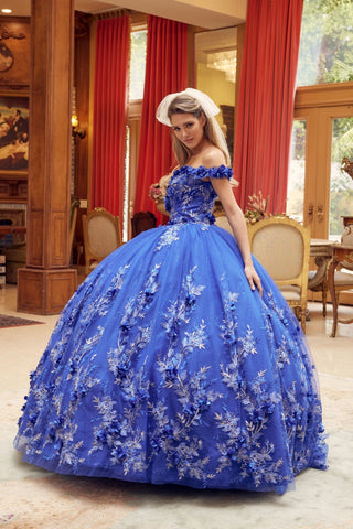 Schulterfreies Ballkleid mit 3D-Blumenapplikation von Juliet 1447