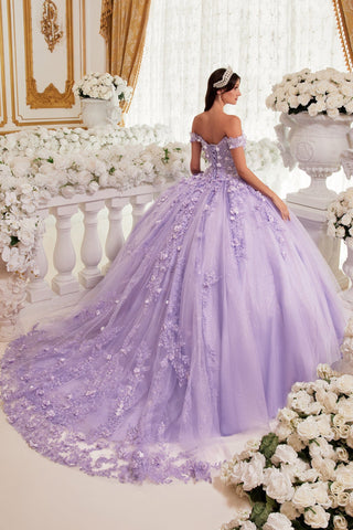 Schulterfreies Ballkleid mit 3D-Blumenapplikation von Ladivine 15717