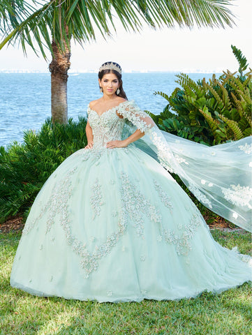 Quinceanera-Kleid mit 3D-Blumen-Cape von Fiesta Gowns 56498