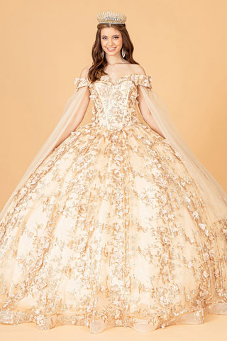 Ballkleid mit 3D-Blumen und Cape-Ärmeln von Elizabeth K GL1970