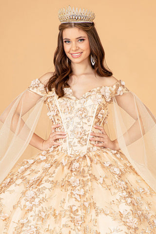 Ballkleid mit 3D-Blumen und Cape-Ärmeln von Elizabeth K GL1970