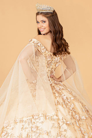 Ballkleid mit 3D-Blumen und Cape-Ärmeln von Elizabeth K GL1970