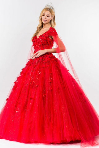 Ballkleid mit 3D-Blumen und Cape-Ärmeln von Elizabeth K GL1974