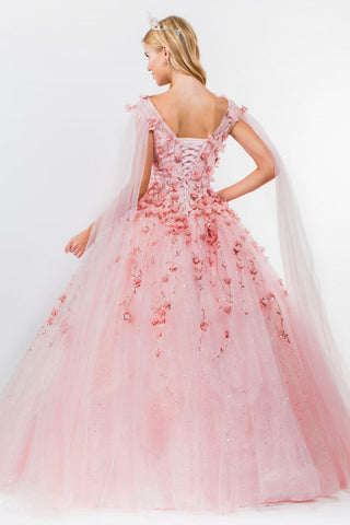 Ballkleid mit 3D-Blumen und Cape-Ärmeln von Elizabeth K GL1974