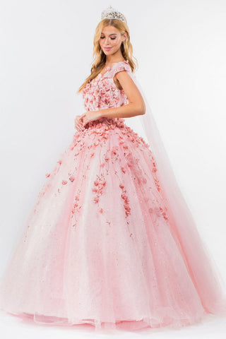 Ballkleid mit 3D-Blumen und Cape-Ärmeln von Elizabeth K GL1974