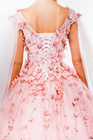 Ballkleid mit 3D-Blumen und Cape-Ärmeln von Elizabeth K GL1974