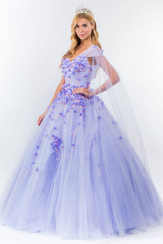 Ballkleid mit 3D-Blumen und Cape-Ärmeln von Elizabeth K GL1974