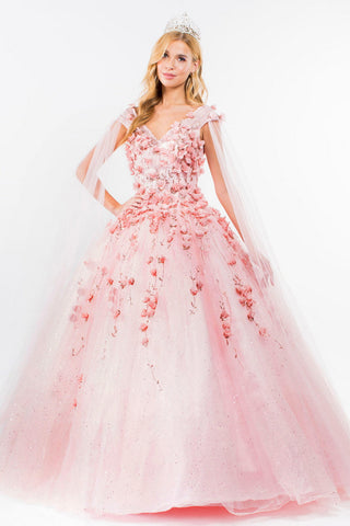 Ballkleid mit 3D-Blumen und Cape-Ärmeln von Elizabeth K GL1974