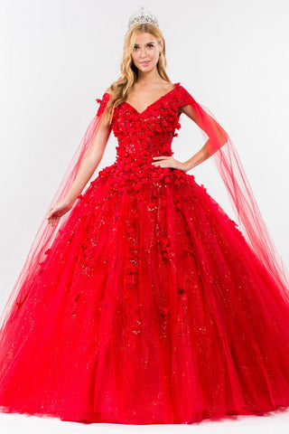 Ballkleid mit 3D-Blumen und Cape-Ärmeln von Elizabeth K GL1974
