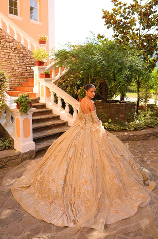 Quinceanera-Kleid mit 3D-Blumen und Cape-Ärmeln von Amarra 54326