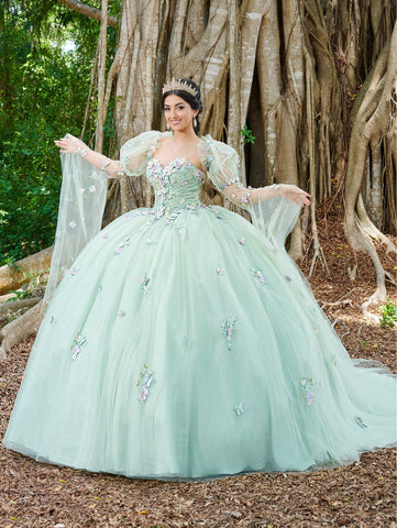 Quinceanera-Kleid mit 3D-Blumen und Cape-Ärmeln von Fiesta Gowns 56500