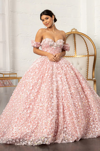 Schulterfreies Ballkleid mit 3D-Blumenmuster von Elizabeth K GL3019