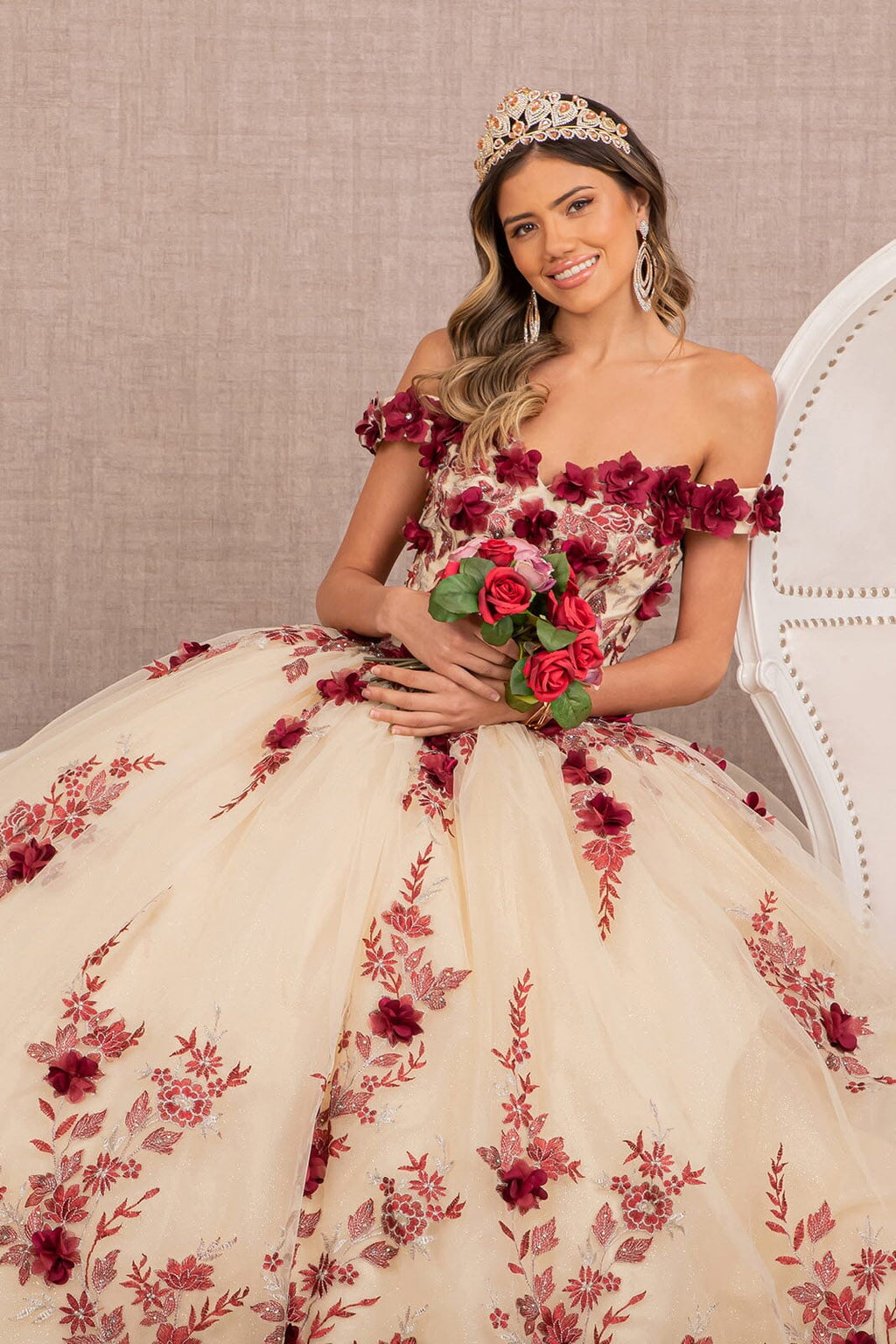 3D Floral Off Shoulder Ball Gown by Elizabeth K GL3105