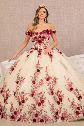 Schulterfreies Ballkleid mit 3D-Blumenmuster von Elizabeth K GL3105