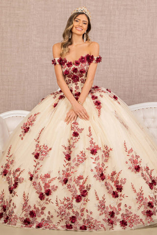 Schulterfreies Ballkleid mit 3D-Blumenmuster von Elizabeth K GL3105
