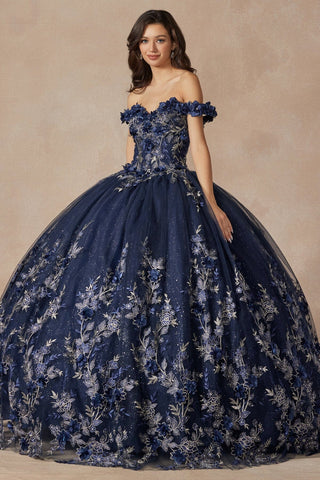 Schulterfreies Ballkleid mit 3D-Blumenapplikation von Juliet 1447