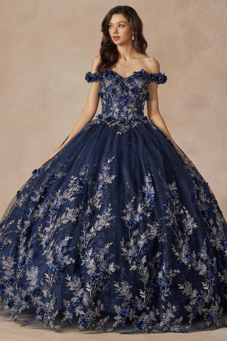 Schulterfreies Ballkleid mit 3D-Blumenapplikation von Juliet 1447