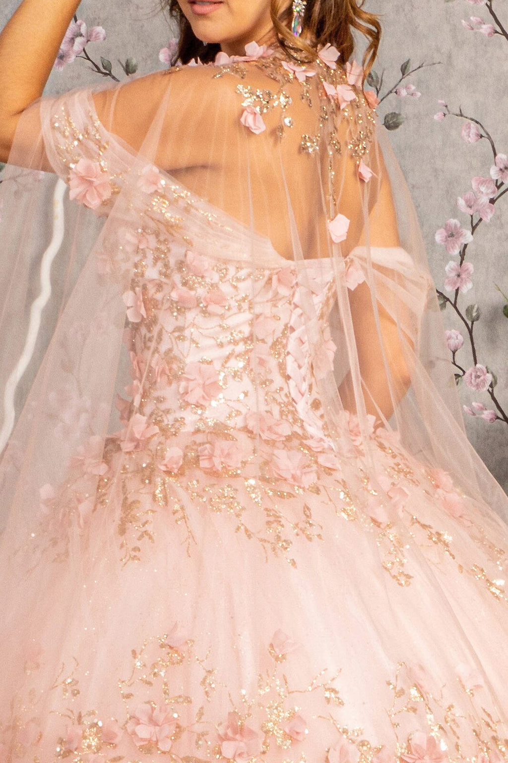 3D Floral Off Shoulder Cape Ball Gown by Elizabeth K GL3179