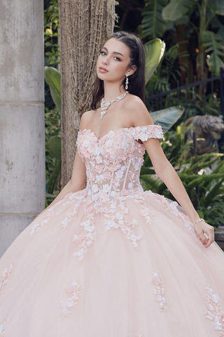 3D-Blumen-Ballkleid mit schulterfreiem Korsett von Juliet JT1460J