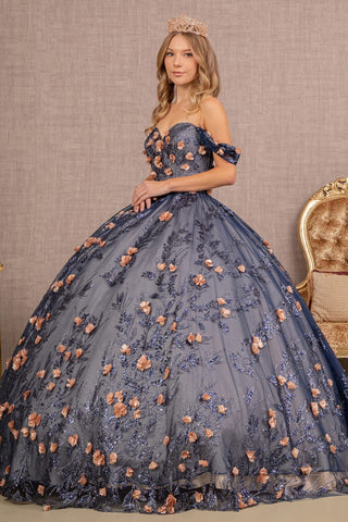 Schulterfreies Glitzer-Ballkleid mit 3D-Blumenmuster von Elizabeth K GL3106