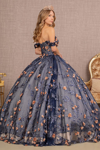 Schulterfreies Glitzer-Ballkleid mit 3D-Blumenmuster von Elizabeth K GL3106
