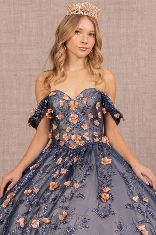 Schulterfreies Glitzer-Ballkleid mit 3D-Blumenmuster von Elizabeth K GL3106