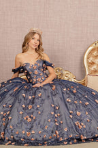 Schulterfreies Glitzer-Ballkleid mit 3D-Blumenmuster von Elizabeth K GL3106