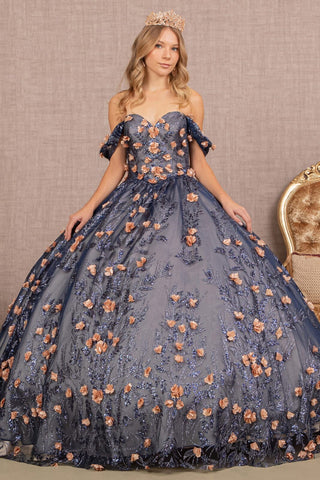 Schulterfreies Glitzer-Ballkleid mit 3D-Blumenmuster von Elizabeth K GL3106