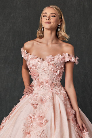Schulterfreies Glitzer-Ballkleid mit 3D-Blumenmuster von Juliet 1433