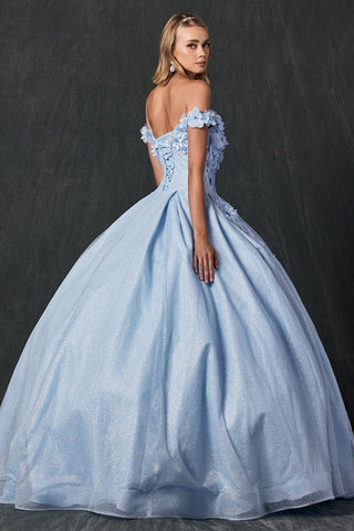 Schulterfreies Glitzer-Ballkleid mit 3D-Blumenmuster von Juliet 1433