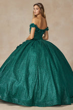 Schulterfreies Glitzer-Ballkleid mit 3D-Blumenmuster von Juliet 1433