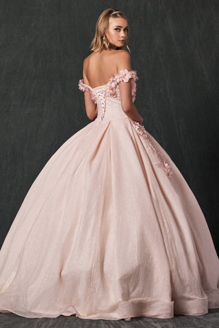 Schulterfreies Glitzer-Ballkleid mit 3D-Blumenmuster von Juliet 1433
