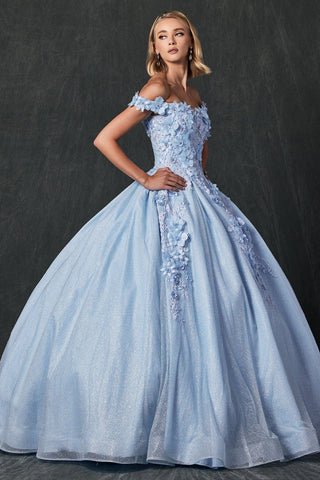 Schulterfreies Glitzer-Ballkleid mit 3D-Blumenmuster von Juliet 1433