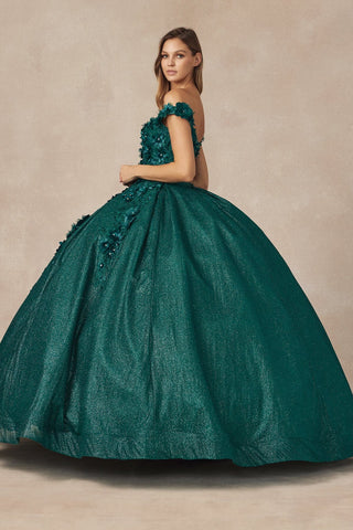 Schulterfreies Glitzer-Ballkleid mit 3D-Blumenmuster von Juliet 1433