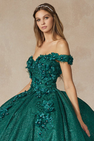 Schulterfreies Glitzer-Ballkleid mit 3D-Blumenmuster von Juliet 1433