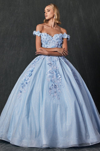 Schulterfreies Glitzer-Ballkleid mit 3D-Blumenmuster von Juliet 1433