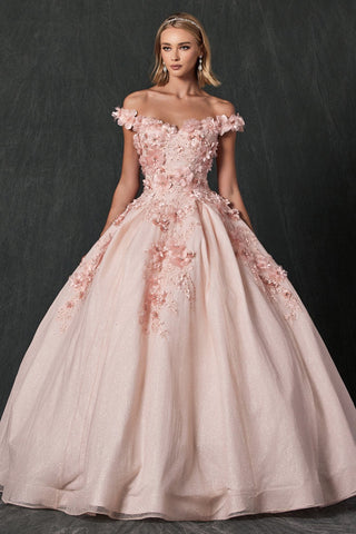 Schulterfreies Glitzer-Ballkleid mit 3D-Blumenmuster von Juliet 1433