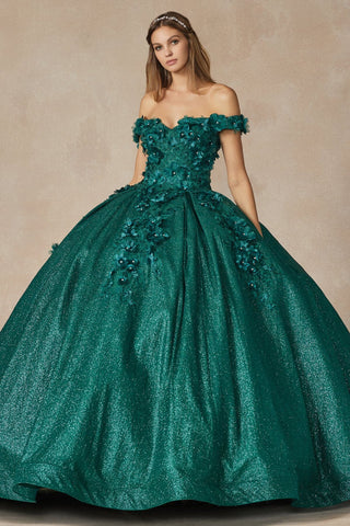 Schulterfreies Glitzer-Ballkleid mit 3D-Blumenmuster von Juliet 1433