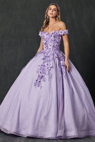 Schulterfreies Glitzer-Ballkleid mit 3D-Blumenmuster von Juliet 1433