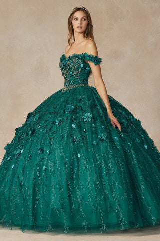 Schulterfreies Glitzer-Ballkleid mit 3D-Blumenmuster von Juliet 1443