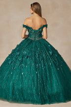 Vestido de baile com glitter e decote ombro a ombro com estampado floral 3D da Juliet 1443