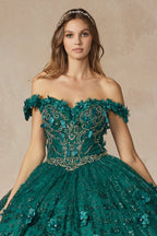 Vestido de baile com glitter e decote ombro a ombro com estampado floral 3D da Juliet 1443