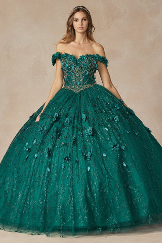 Schulterfreies Glitzer-Ballkleid mit 3D-Blumenmuster von Juliet 1443