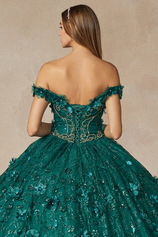 Schulterfreies Glitzer-Ballkleid mit 3D-Blumenmuster von Juliet 1443