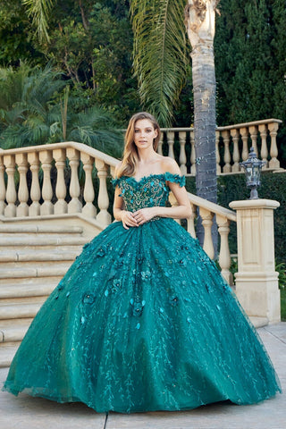 Schulterfreies Glitzer-Ballkleid mit 3D-Blumenmuster von Juliet 1443