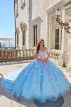 Vestido de quinceanera com decote ombro a ombro e estampado floral 3D da Amarra 54228