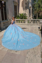 Vestido de quinceanera com decote ombro a ombro e estampado floral 3D da Amarra 54228