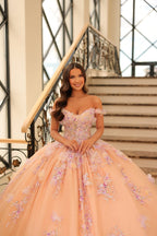 Vestido de quinceanera com decote ombro a ombro e estampado floral 3D da Amarra 54228