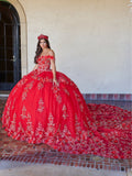 Robe de quinceañera décolletée bretelles tombantes avec fleurs 3D par House of Wu 26073