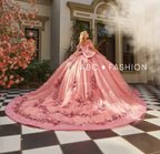 Vestido de quinceanera com decote ombro a ombro e estampado floral 3D da Ragazza EV41-641